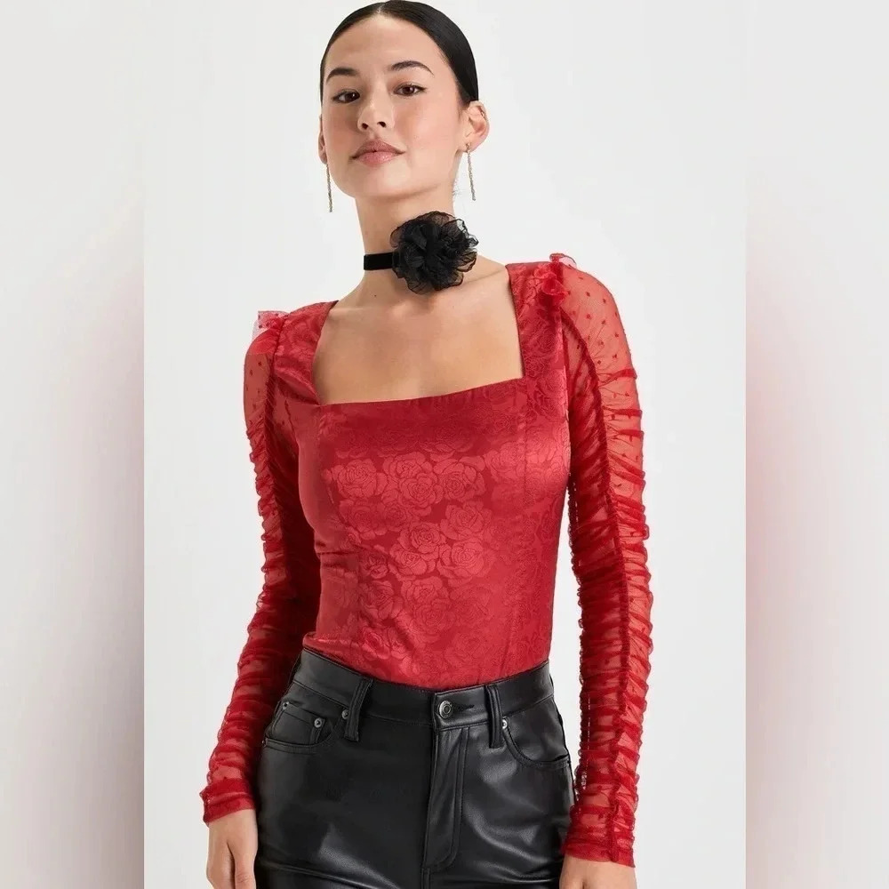 Lulus Red Floral Jacquard Satin Mesh Bodysuit Large